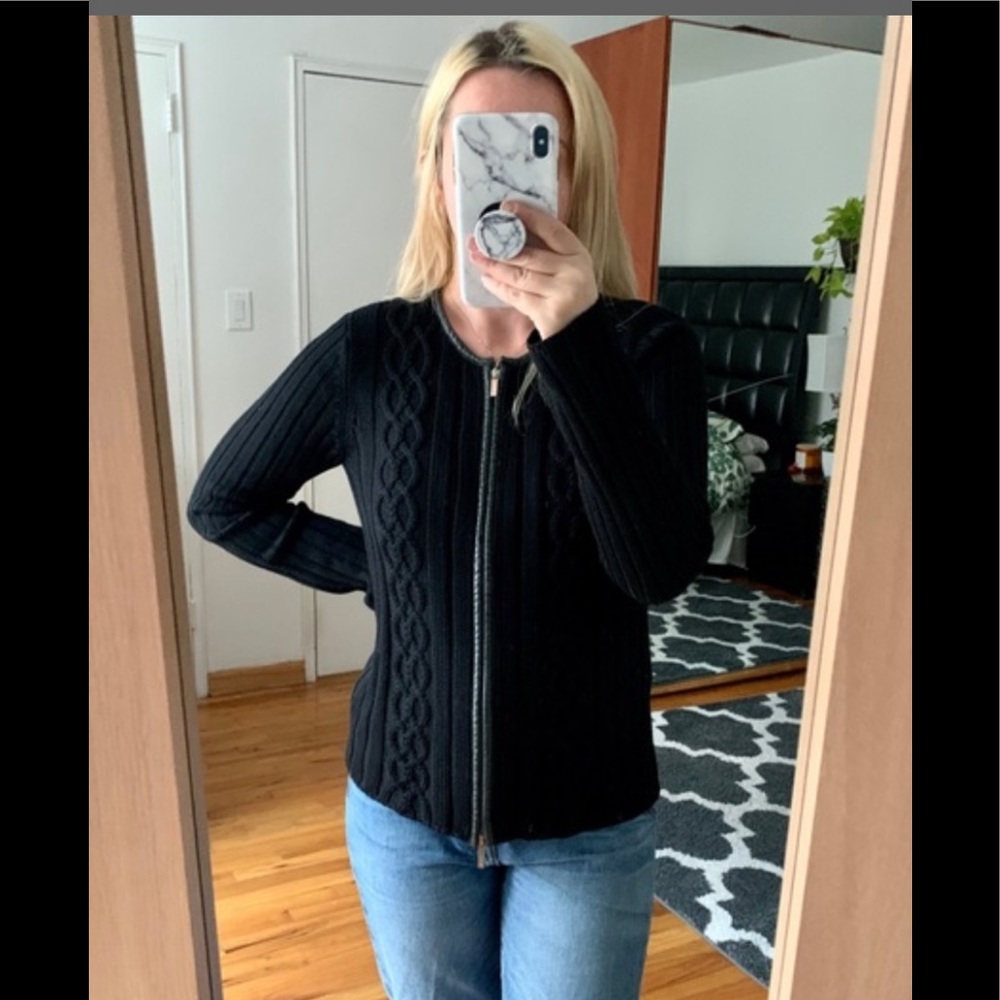 Tori Burch Merino wool sweater leather piping -zip